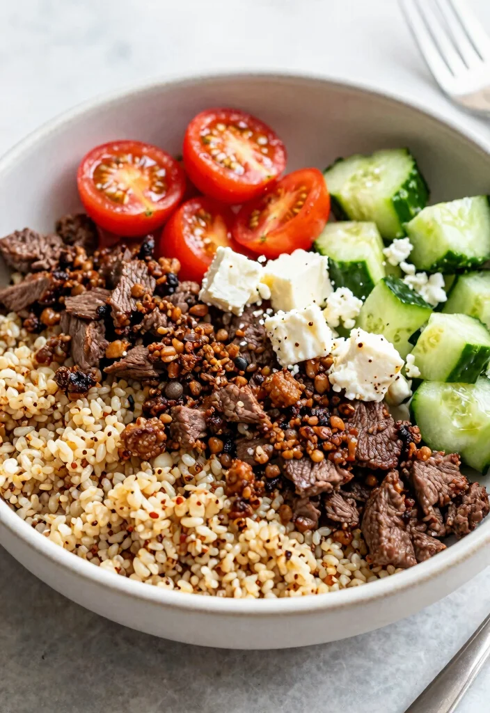 16 Mediterranean Beef Bowl Recipes High in Protein - 9. Beef and Feta Quinoa Bowl 1