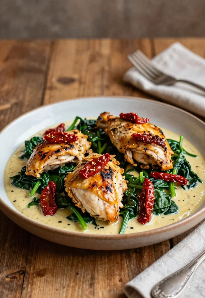 16 Mediterranean Chicken Thigh Recipes Juicy and Easy - 12. Tuscan Chicken Thighs with Spinach and Sundried Tomatoes 1