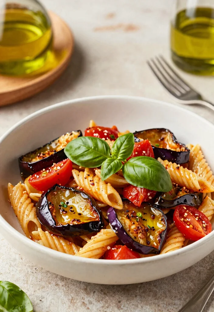 20 Easy Mediterranean Diet Dinner Recipes - 15. Roasted Eggplant and Tomato Pasta 1