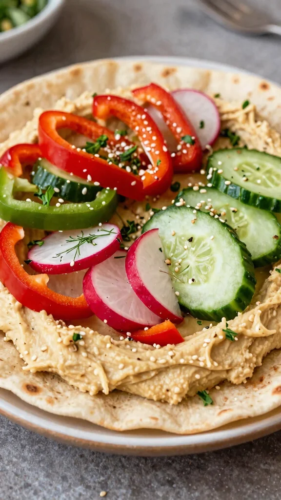 10 Mediterranean Flatbread Recipes for Easy Meals, Snacks, and Appetizers - 1. Classic Hummus & Veggie Flatbread 1