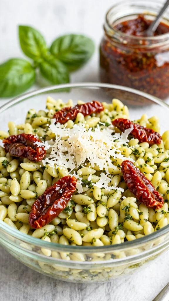 12 Mediterranean Orzo Salad Recipes for Bright, Easy Lunches and Sides - 7. Pesto Orzo Salad with Sun-Dried Tomatoes 1