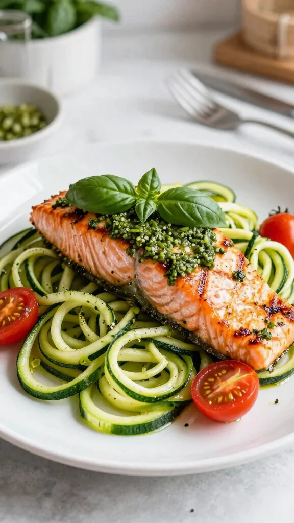 12 Mediterranean Salmon Recipes for Light, Healthy, Flavor-Packed Dinners - 4. Pesto Salmon with Zucchini Noodles 1