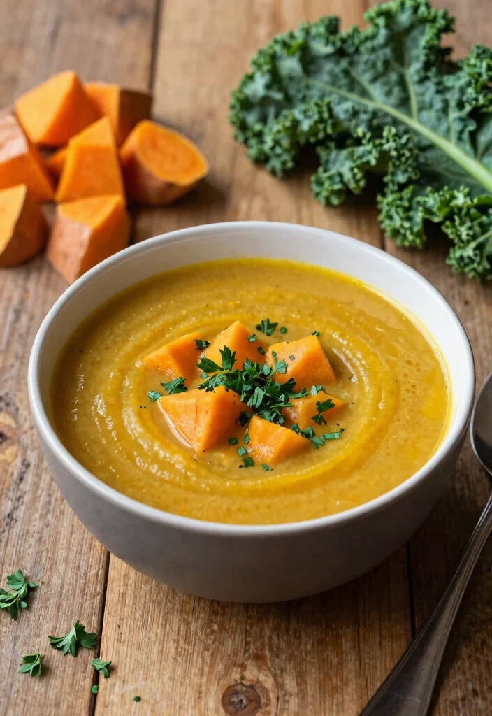 10 Hearty Vegan Soup Recipes Warm Comforting and Easy to Make - 10. Sweet Potato and Kale Soup 1