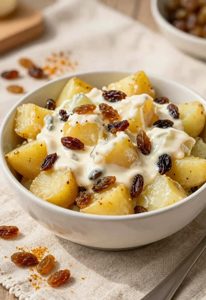 7 Creamy Vegan Potato Salad Recipes Perfect for Picnics and Cookouts - 7. Curried Potato Salad with Raisins 1