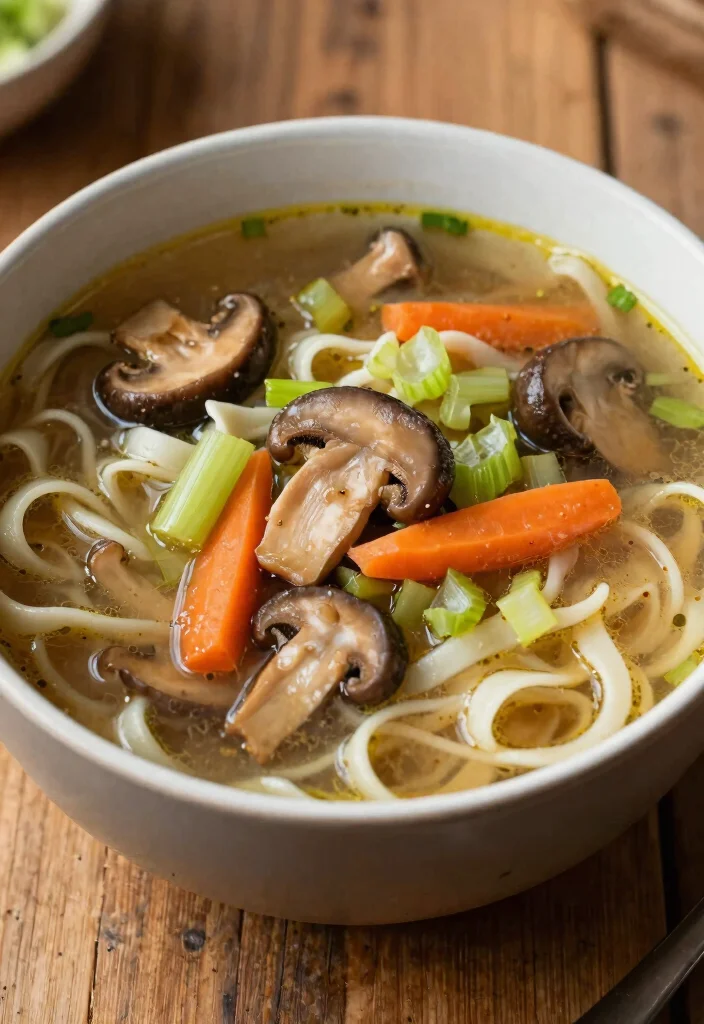 9 Comforting Vegan Chicken Noodle Soup Recipes Warm and Nourishing - 6. Wild Mushroom Vegan Chicken Noodle Soup 1